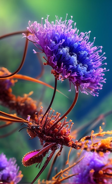 Uma flor roxa e laranja com um centro branco e um centro roxo.