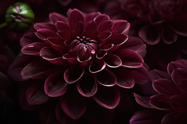 Uma flor roxa escura com uma folha verde no centro