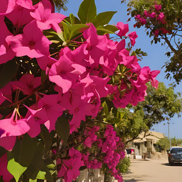 Foto uma flor roxa está crescendo em uma cerca e o carro está estacionado na frente dela