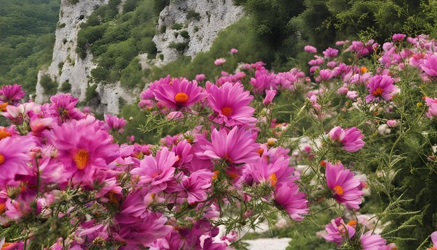 uma flor roxa está crescendo no lado de uma montanha