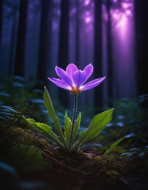 Foto uma flor roxa na floresta com luzes roxas atrás dela