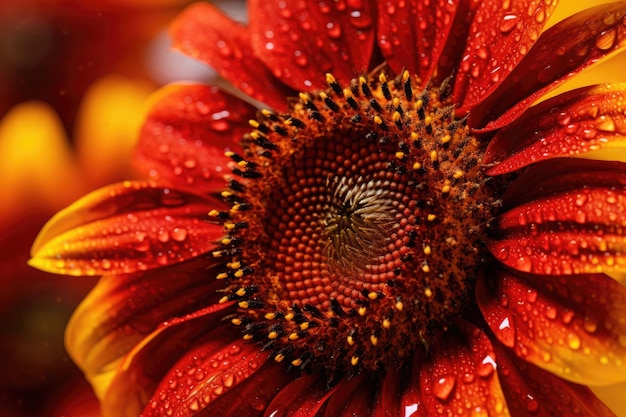 Uma flor vermelha com gotas de água nela