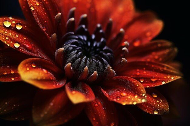 Uma flor vermelha com gotas de água nela