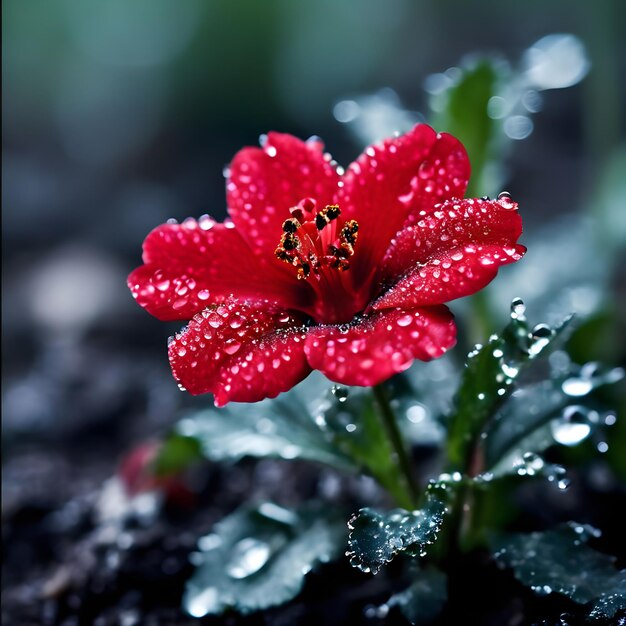 Foto uma flor vermelha com gotas de água sobre ela