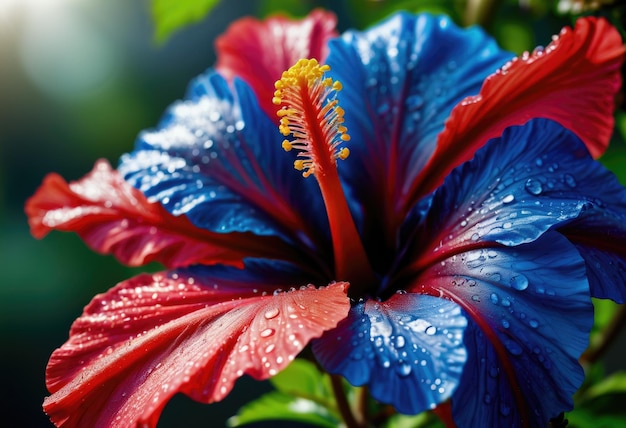uma flor vermelha e azul com gotas de chuva sobre ela