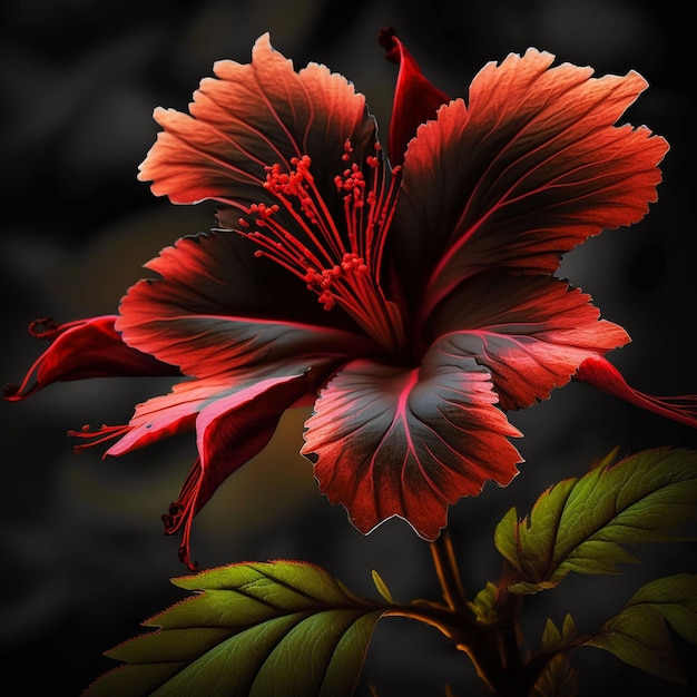 Uma flor vermelha é iluminada contra um fundo preto.