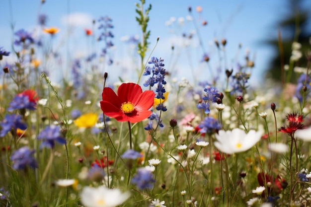 Uma flor vermelha em um campo de flores silvestres