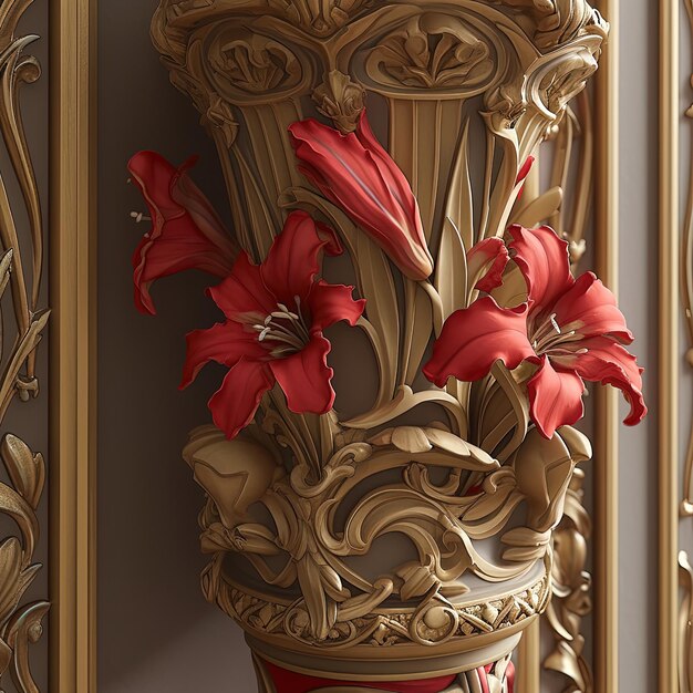 Foto uma flor vermelha em um vaso em uma coluna de ouro