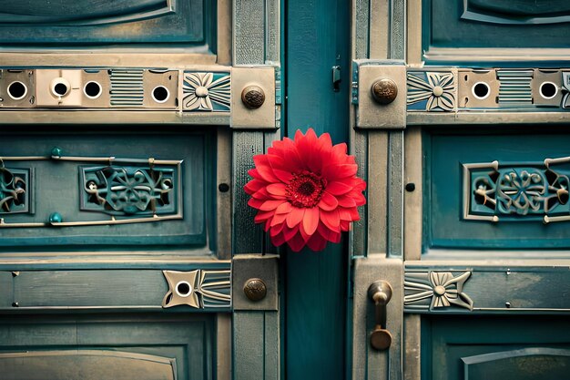 uma flor vermelha em uma porta azul