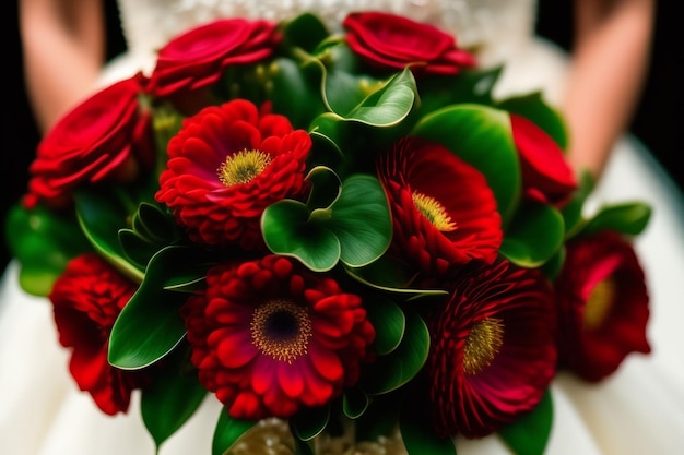 Uma flor vermelha está em um bolo de casamento