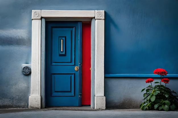 uma flor vermelha na frente de uma porta azul com uma flor vermelha na frente dela.