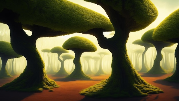 Foto uma floresta alienígena onde as árvores formam formas e estruturas incríveis ao contrário de suas contrapartes terrestres.