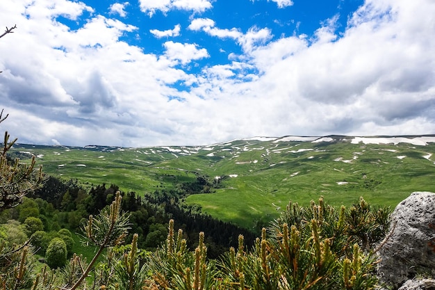 Uma floresta ao lado das rochas com vista para os prados alpinos O planalto LagoNaki na Adygea Rússia 2021