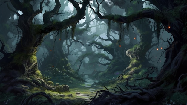 Uma floresta assustadora com árvores nodosas e rastejantes