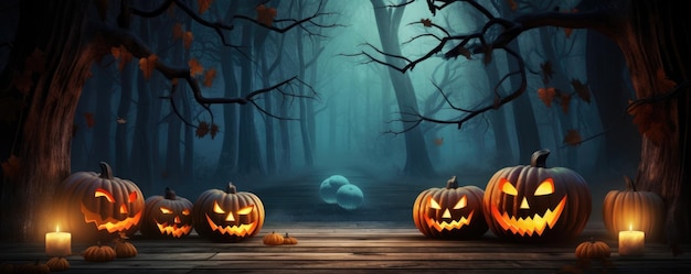Uma floresta assustadora com uma abóbora na tábua de madeira Assustadora noite de Halloween