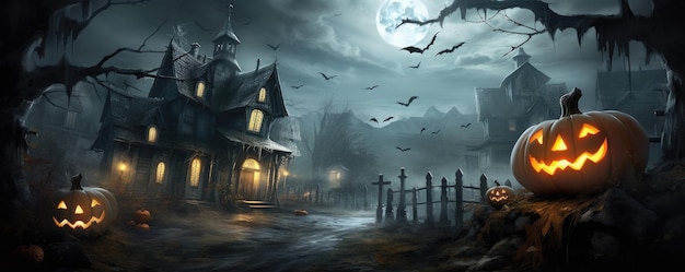 Uma floresta assustadora com uma lua de morcego abóbora em uma noite assustadora de Halloween