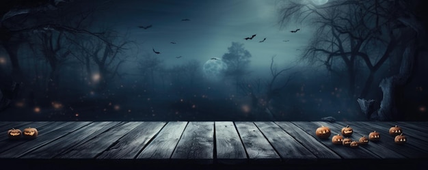 Uma floresta assustadora e assustadora com uma abóbora na tábua de madeira Noite assustadora de Halloween Ai generativa