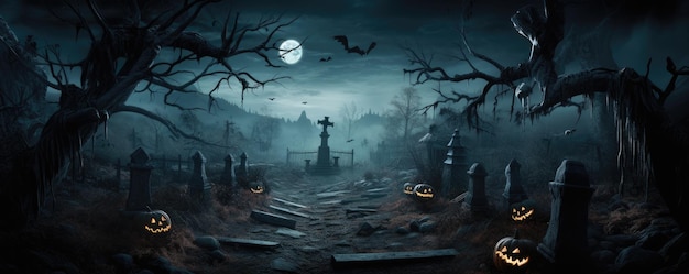Uma floresta assustadora e assustadora com uma lua de morcego-abóbora em uma noite assustadora de Halloween Ai generativa