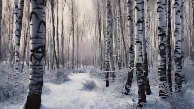Uma floresta branca de inverno com o mínimo de troncos de árvores gerados por IA