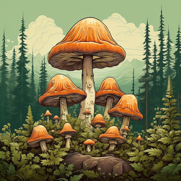 Uma floresta coberta de musgo com cogumelos no topo Generative AI