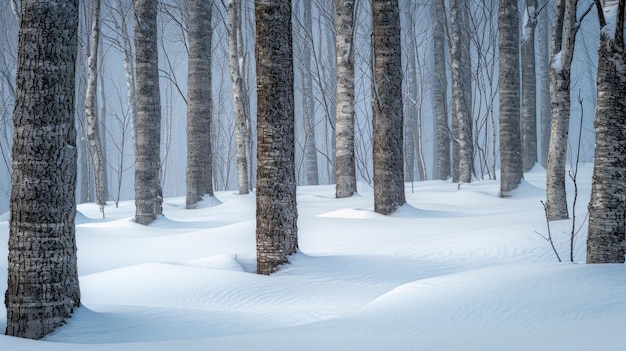 Uma floresta coberta de neve com árvores e algumas pessoas ai