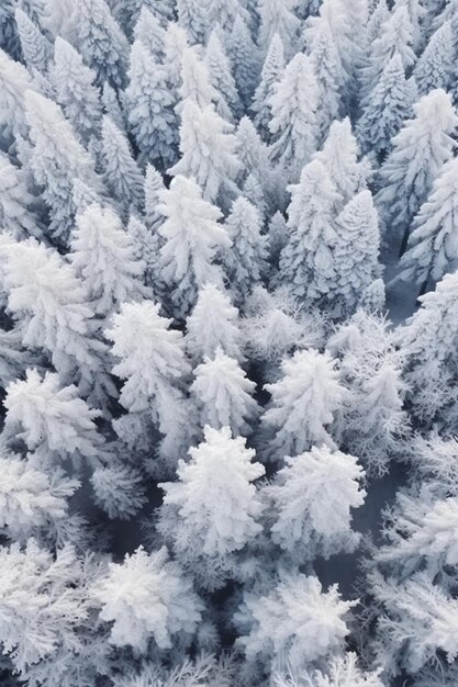 Uma floresta coberta de neve com um fundo branco