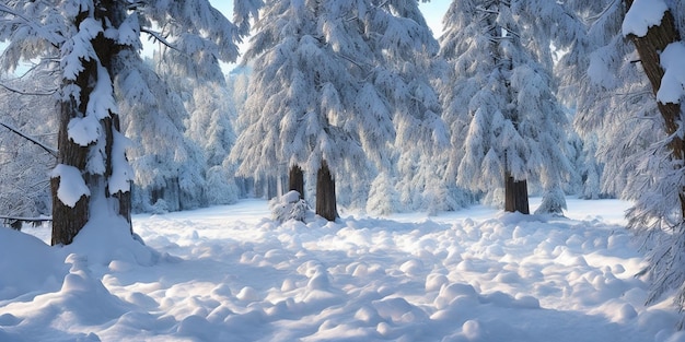 Uma floresta coberta de neve com uma placa que diz neve