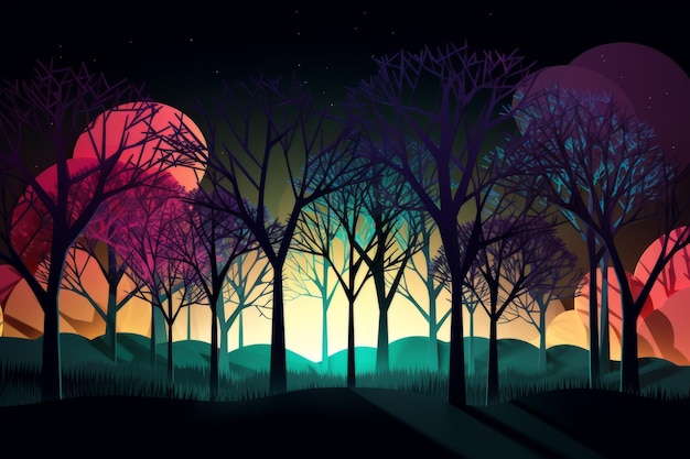 Uma floresta colorida com uma lua ao fundo.