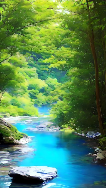 uma floresta com água azul e uma árvore verde no meio