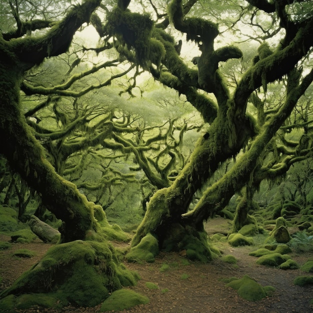 Uma floresta com árvores cobertas de musgo e rochas cobertas de musgo