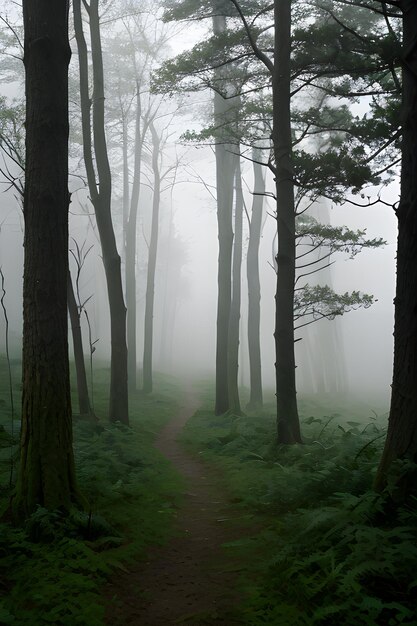 uma floresta com árvores e nevoeiro