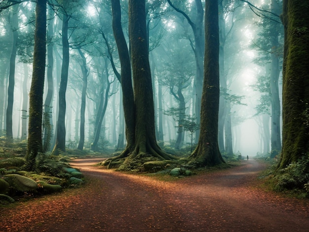 Uma floresta com árvores e um caminho que diz 'a estrada para o céu'