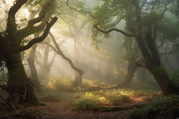 Uma floresta com árvores na névoa