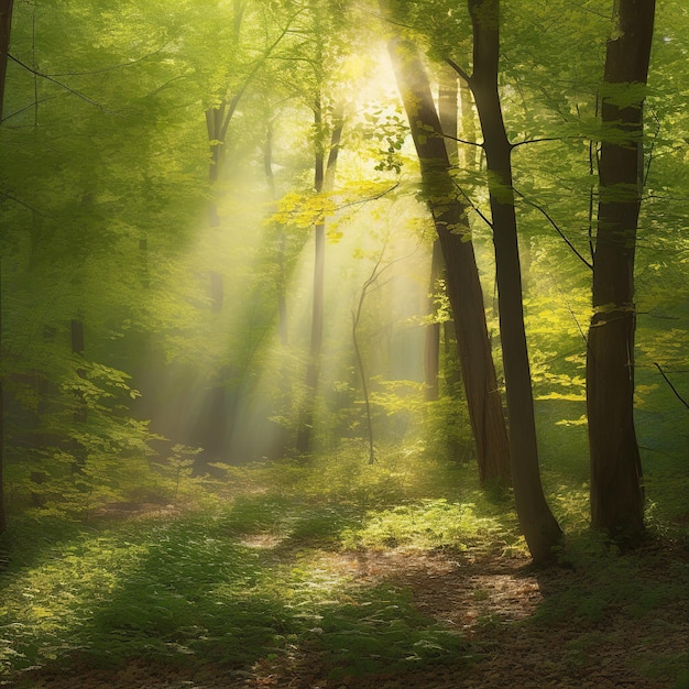 Uma floresta com árvores verdes e o sol brilhando por entre as árvores