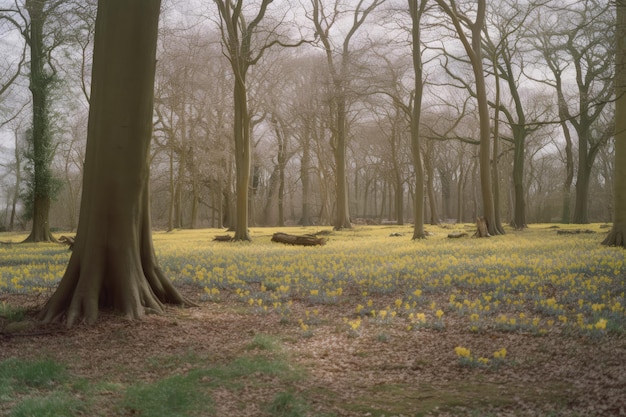 Uma floresta com flores amarelas e uma árvore com a palavra narcisos nela