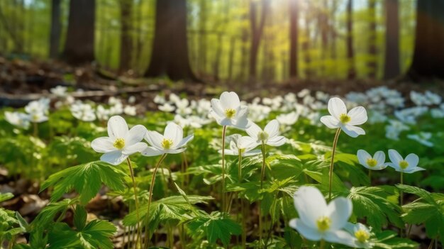 Uma floresta com flores brancas à luz do sol