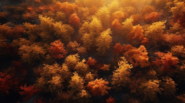 uma floresta com folhagem amarela e laranja