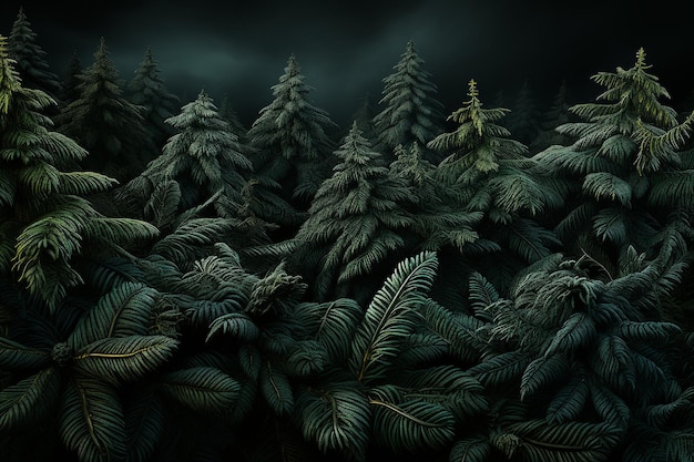 uma floresta com fundo escuro e uma planta verde em primeiro plano