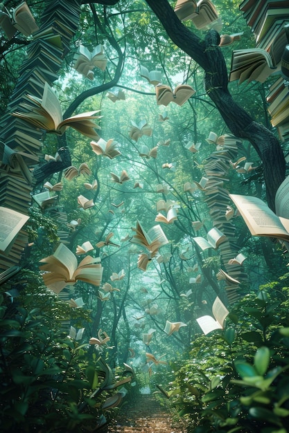 Uma floresta com livros a voar pelo ar.