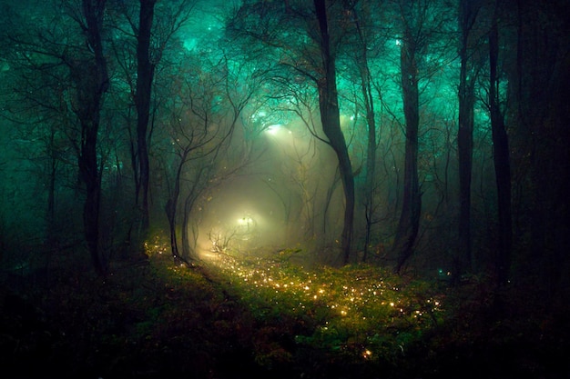 Uma floresta com luzes de fada no escuro