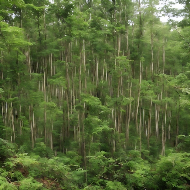 Uma floresta com muitas árvores que têm a palavra " o " nelas.