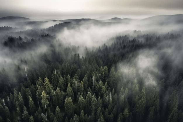 Uma floresta com neblina ao fundo