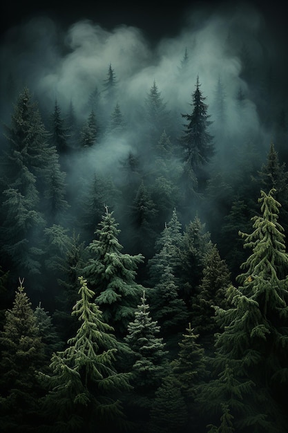 uma floresta com neblina e árvores ao fundo