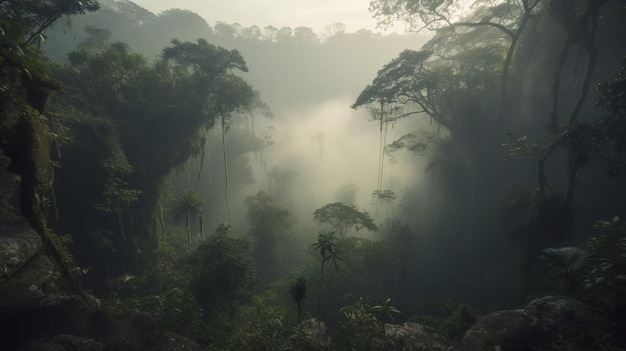 Uma floresta com neblina em primeiro plano e uma árvore ao fundo.