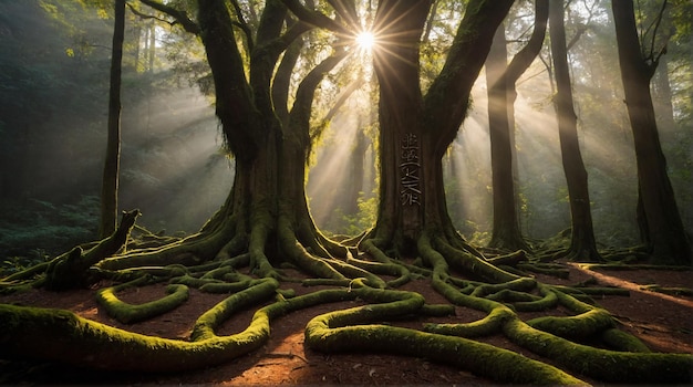 uma floresta com o sol a brilhar através dos galhos das árvores