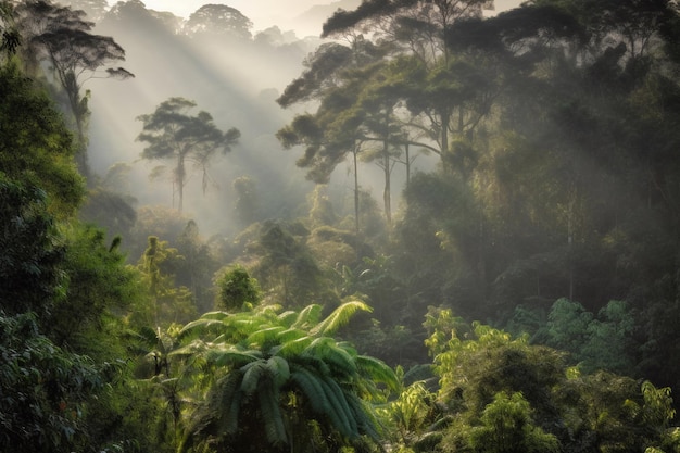 Uma floresta com o sol brilhando por entre as árvores