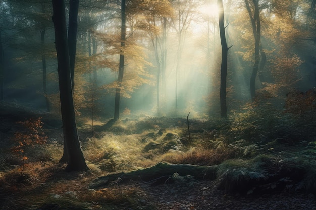 Uma floresta com o sol brilhando por entre as árvores