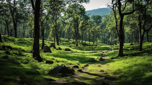 Uma floresta com pedras e árvores ao fundo