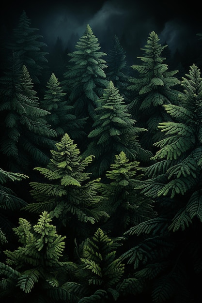 uma floresta com plantas verdes e fundo preto