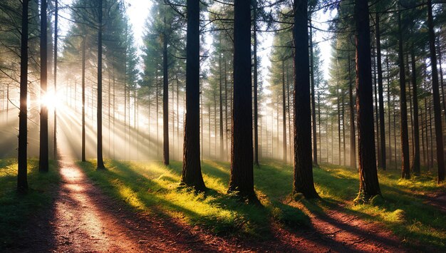 Uma floresta com sol brilhando por entre as árvores